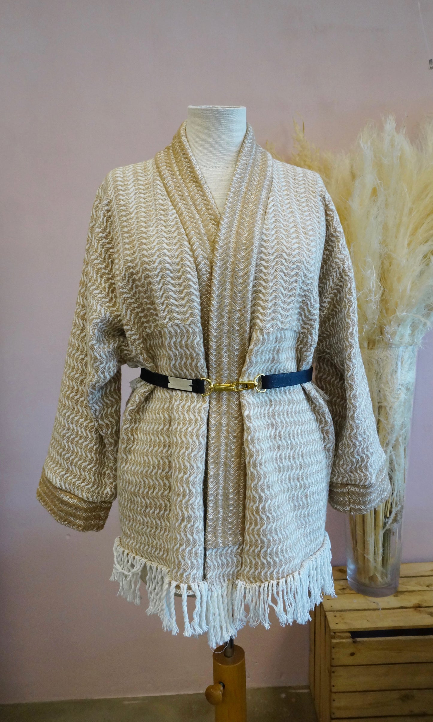 Retro Kimono, gold weiß, 70% Baumwolle, Unikat