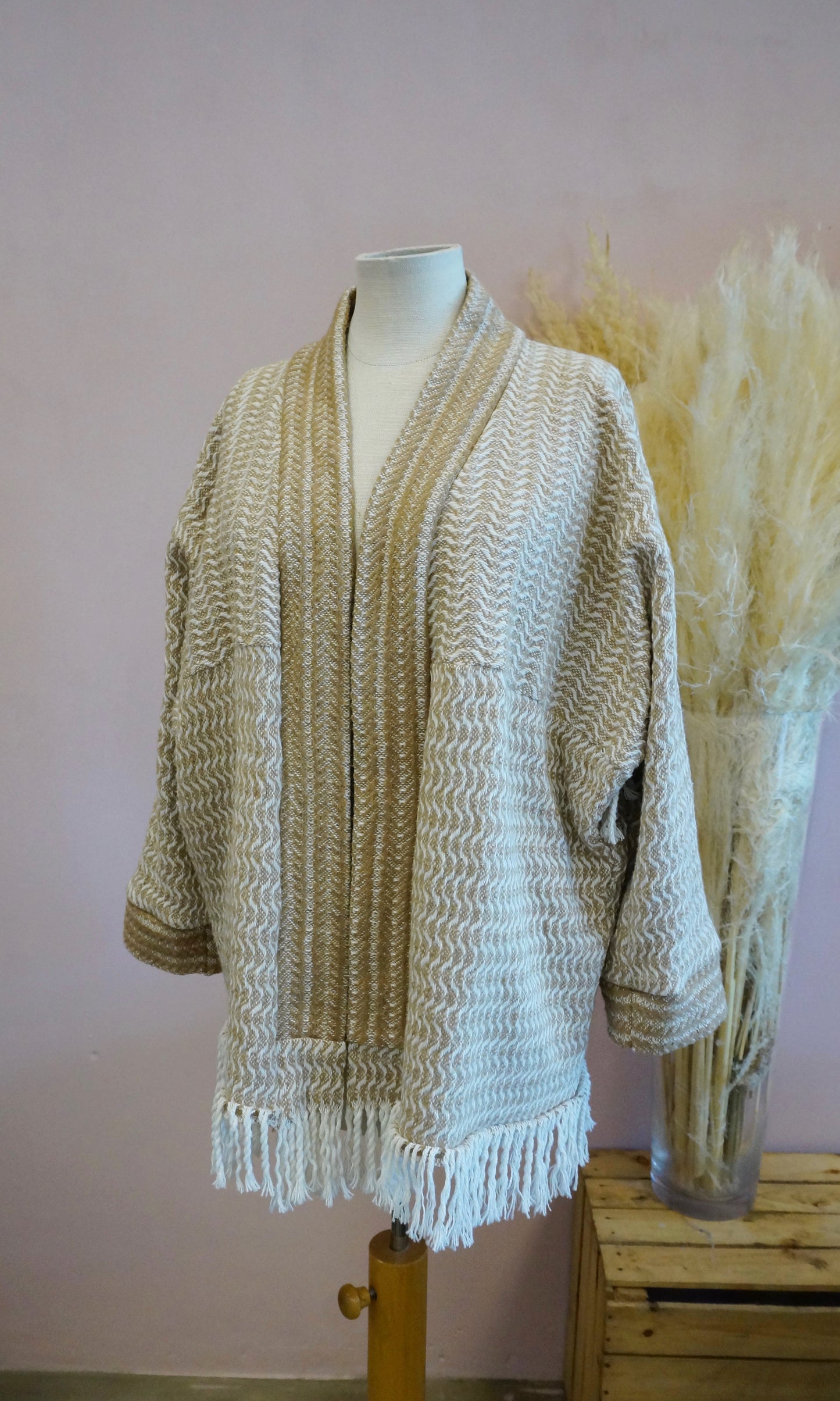 Retro Kimono, gold weiß, 70% Baumwolle, Unikat