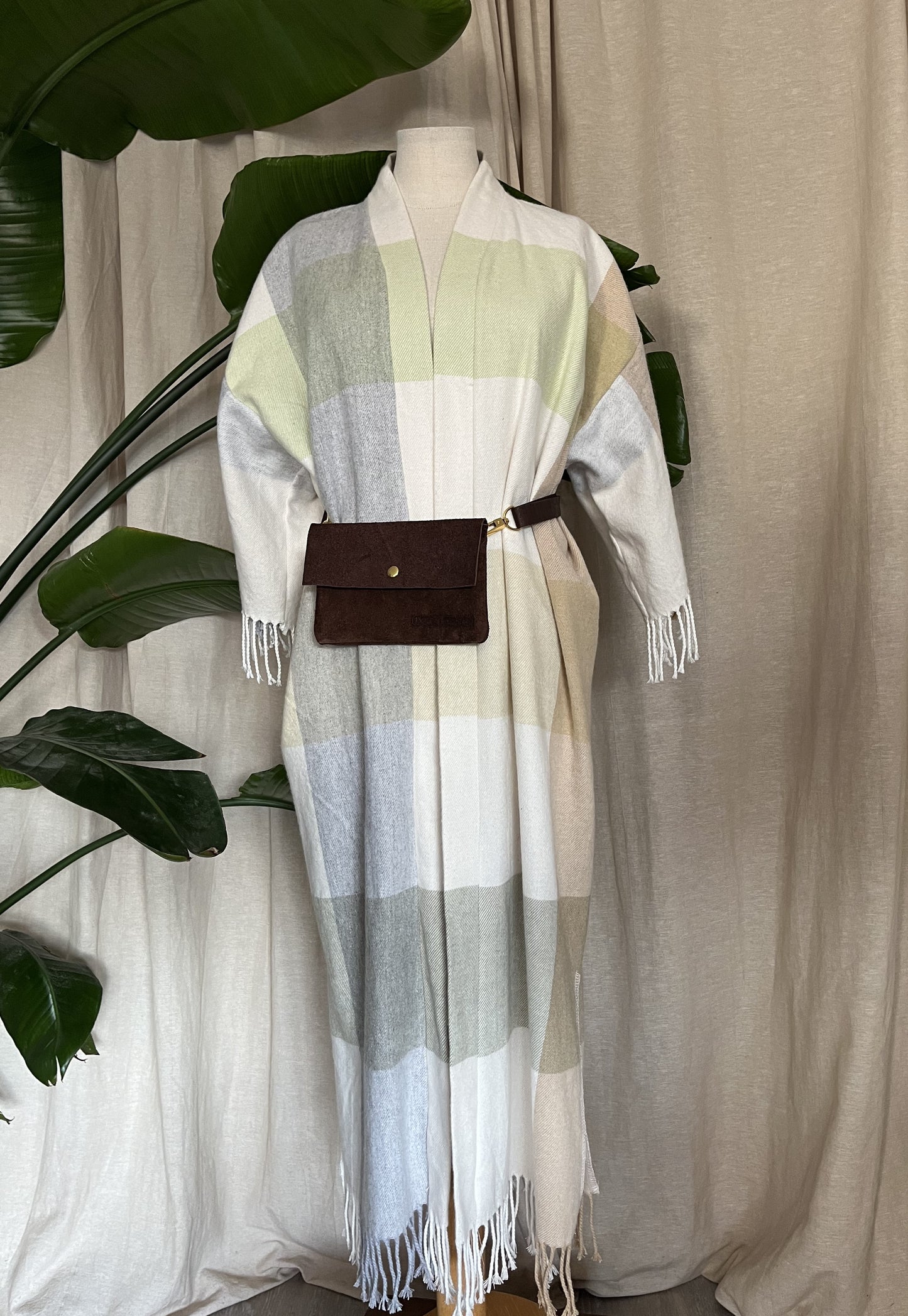 langer Kimono, flauschig weich, kariert Pastell, Loungewear, Unikat