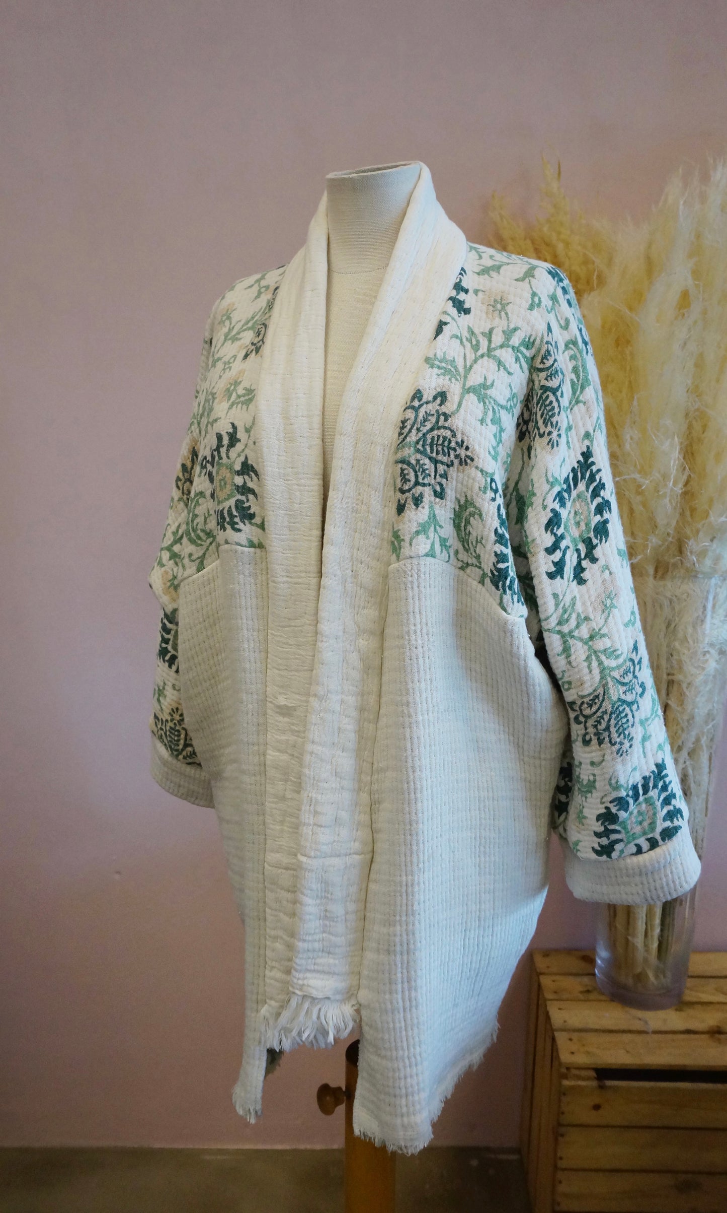 Retro Kimono, creme grün, 100% Baumwolle, Unikat