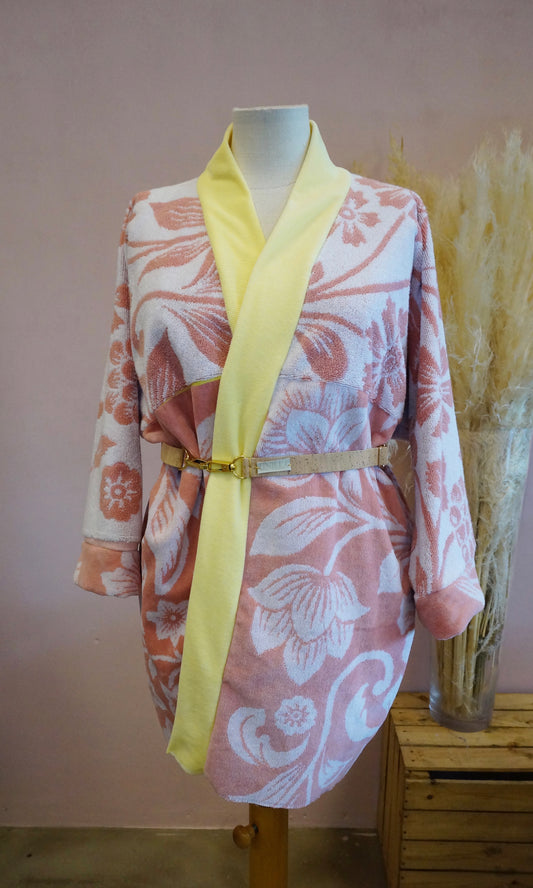 Retro Kimono, gelb rosa, 100% Baumwolle, Unikat