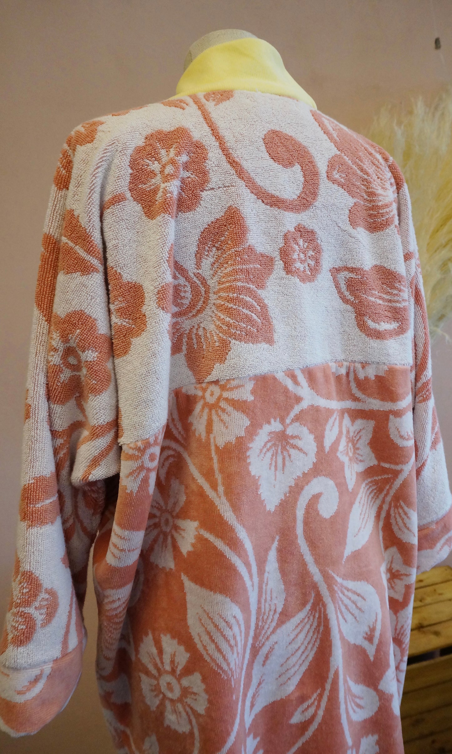Retro Kimono, gelb rosa, 100% Baumwolle, Unikat