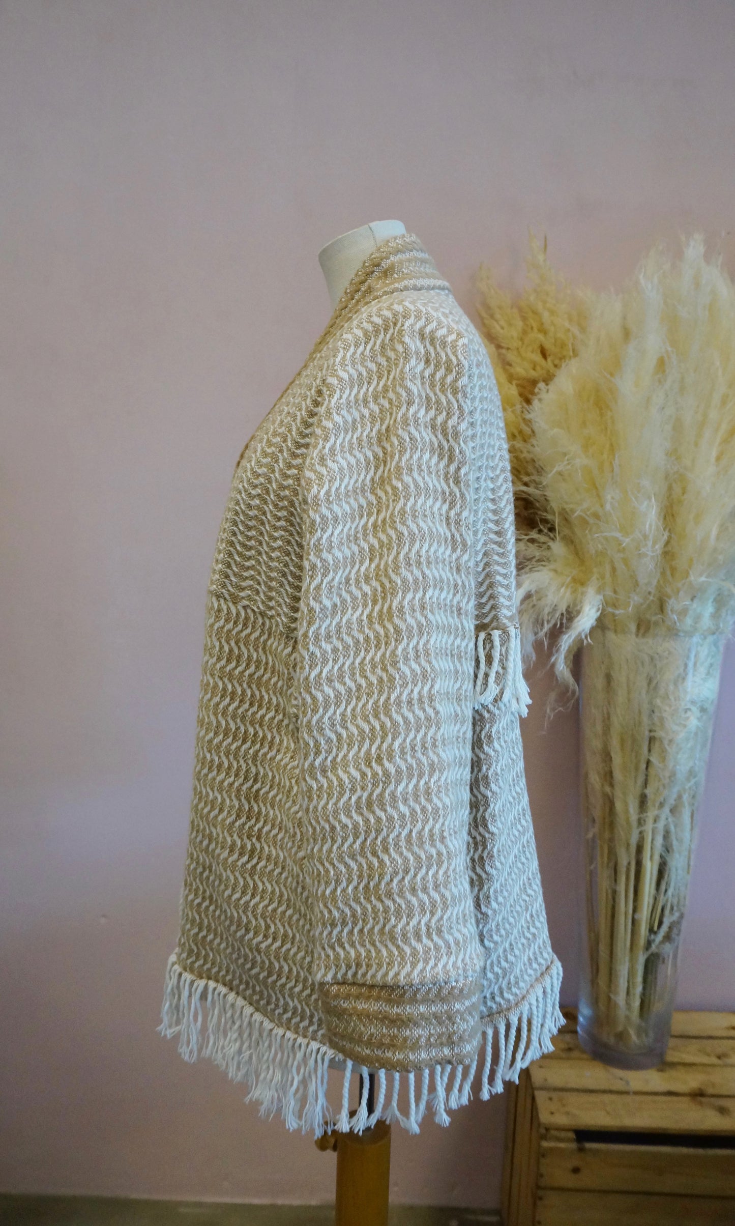 Retro Kimono, gold weiß, 70% Baumwolle, Unikat