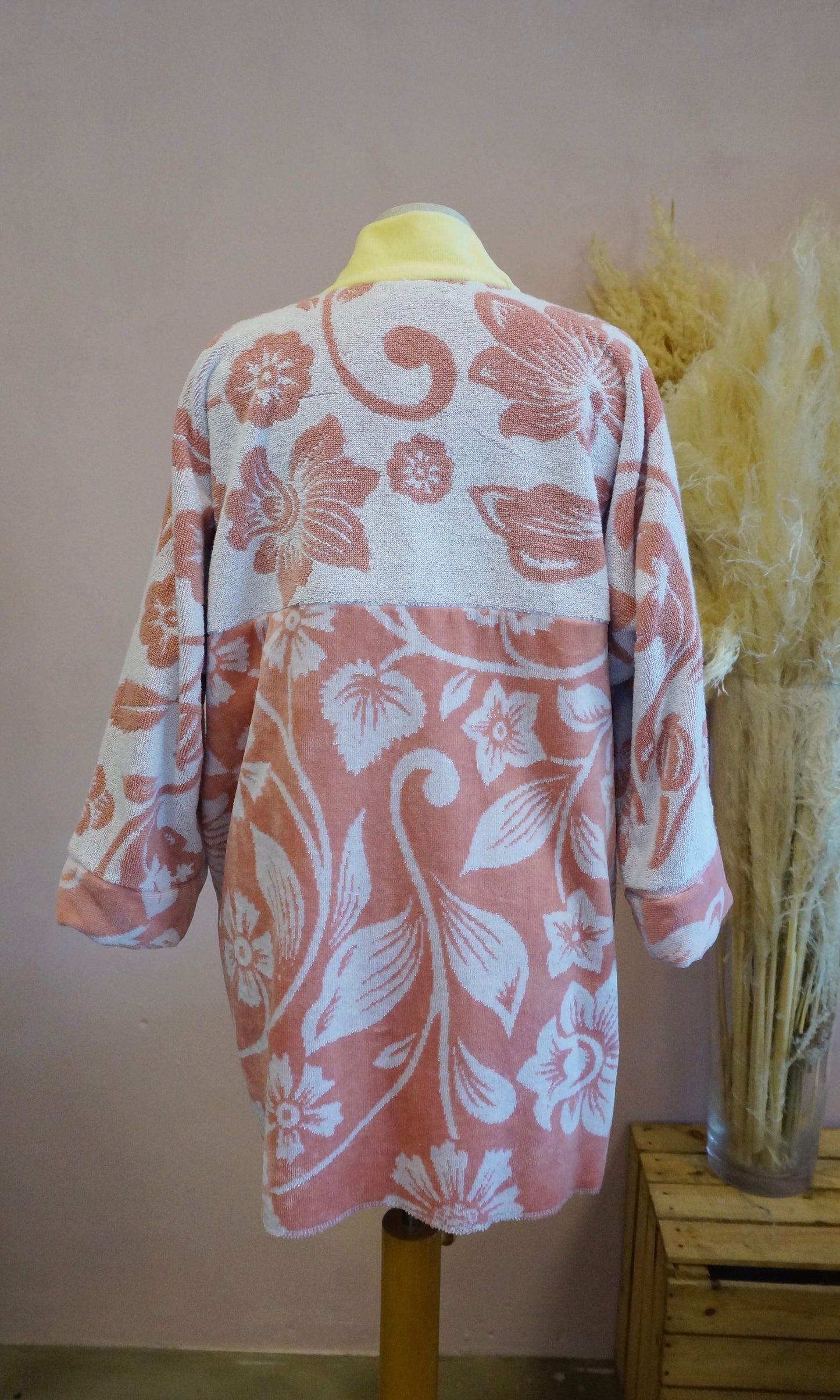 Retro Kimono, gelb rosa, 100% Baumwolle, Unikat