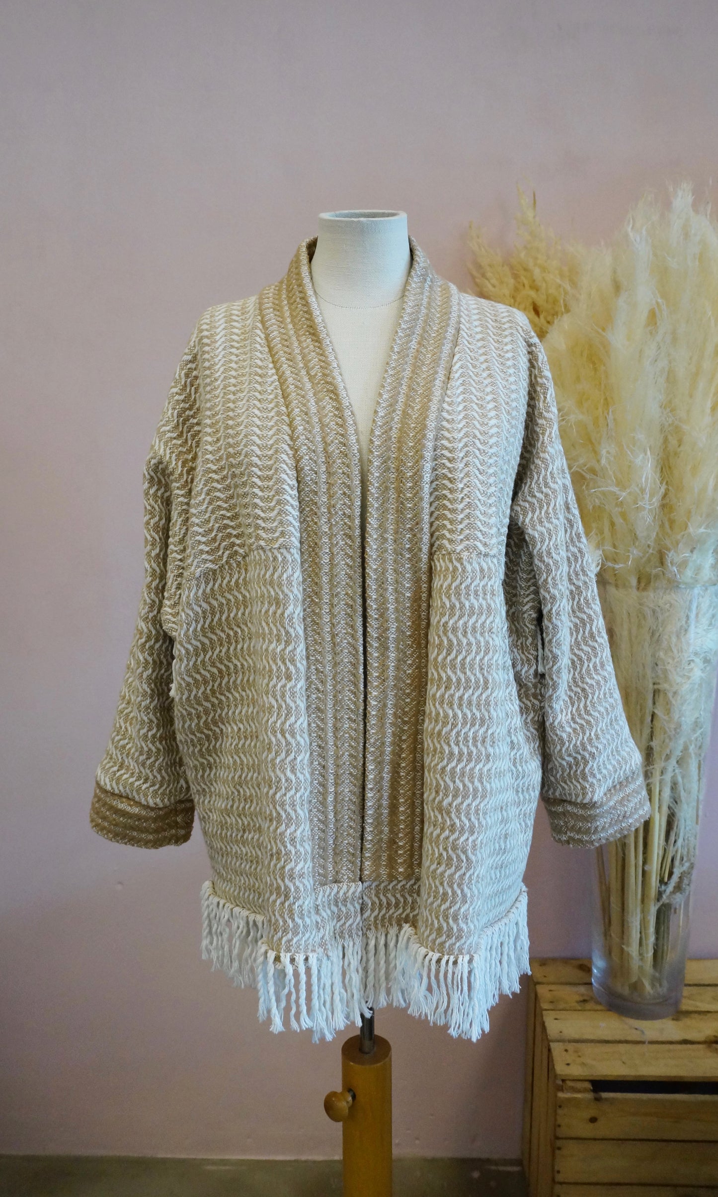 Retro Kimono, gold weiß, 70% Baumwolle, Unikat