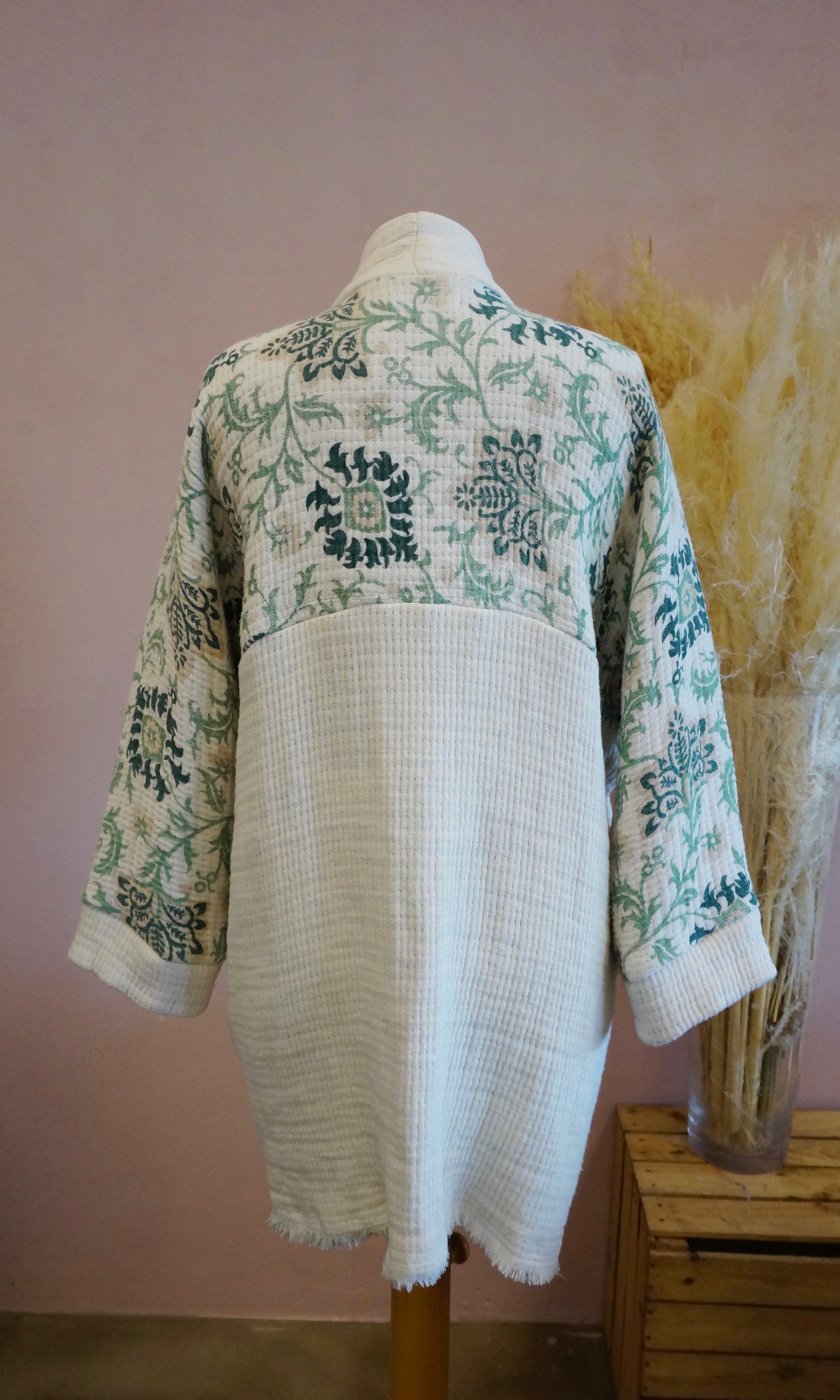 Retro Kimono, creme grün, 100% Baumwolle, Unikat