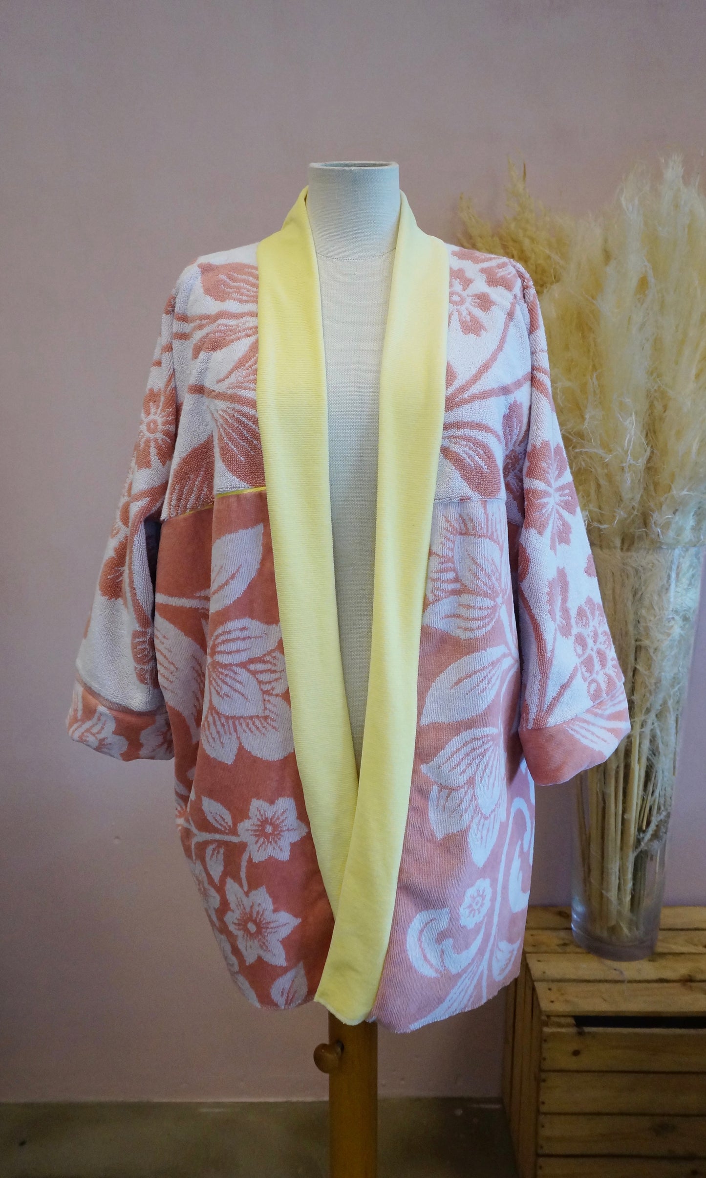 Retro Kimono, gelb rosa, 100% Baumwolle, Unikat
