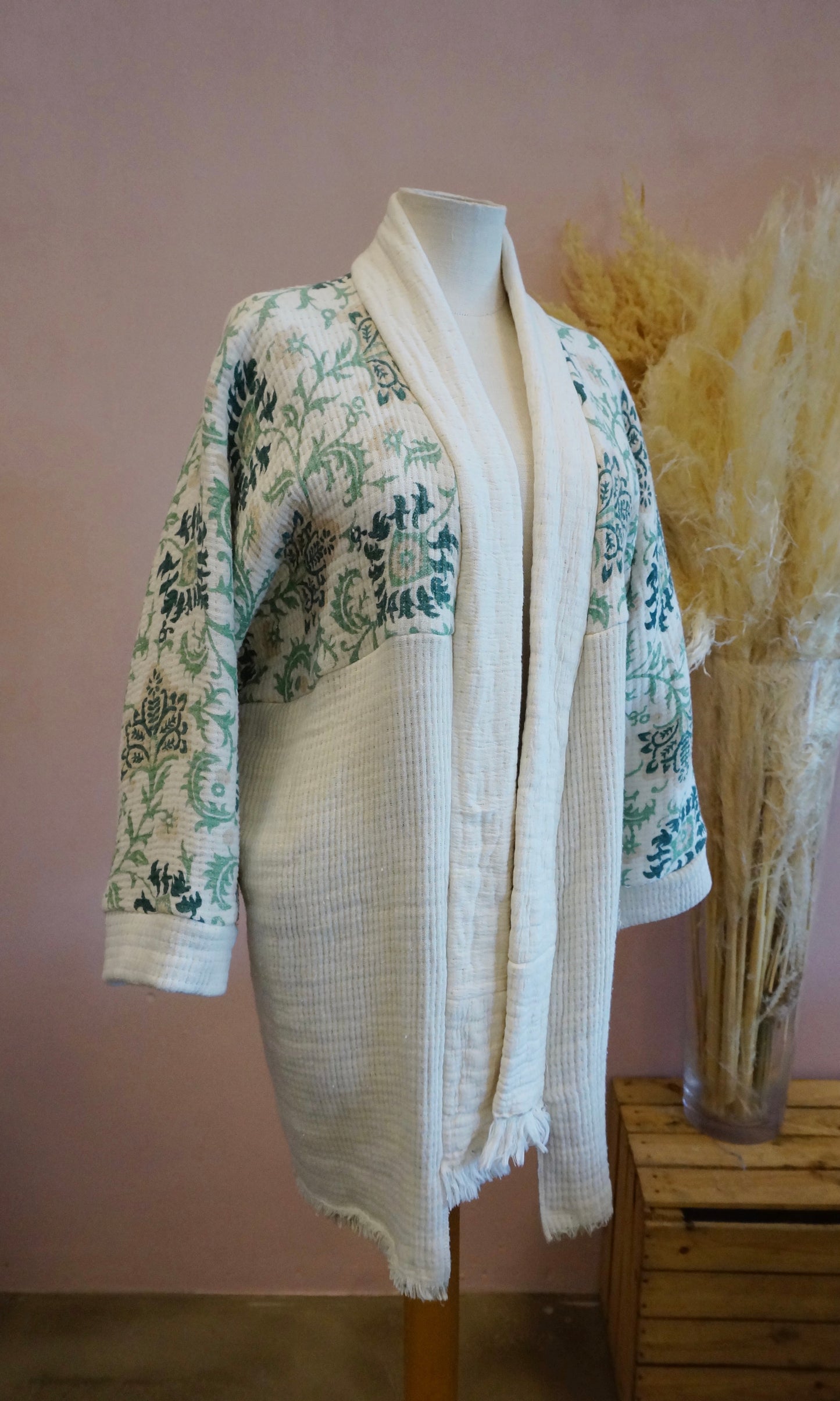 Retro Kimono, creme grün, 100% Baumwolle, Unikat