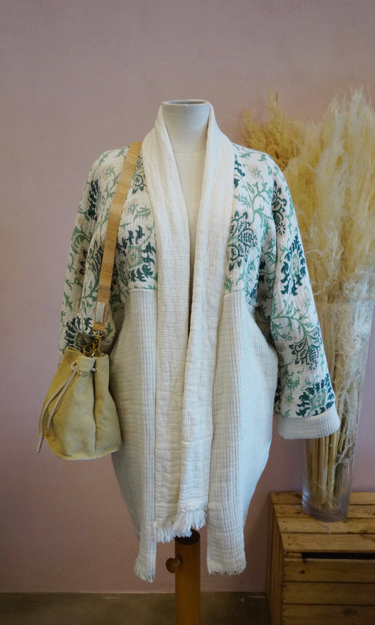 Retro Kimono, creme grün, 100% Baumwolle, Unikat