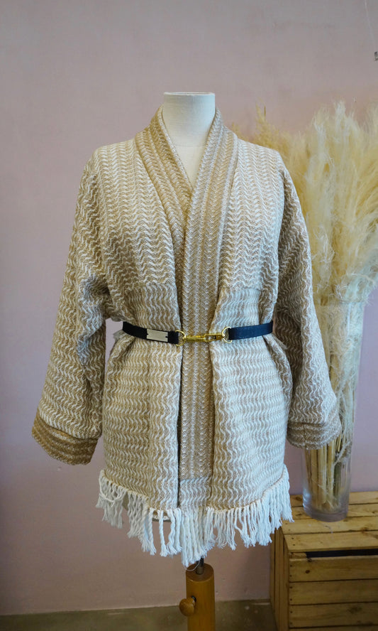 Retro Kimono, gold weiß, 70% Baumwolle, Unikat
