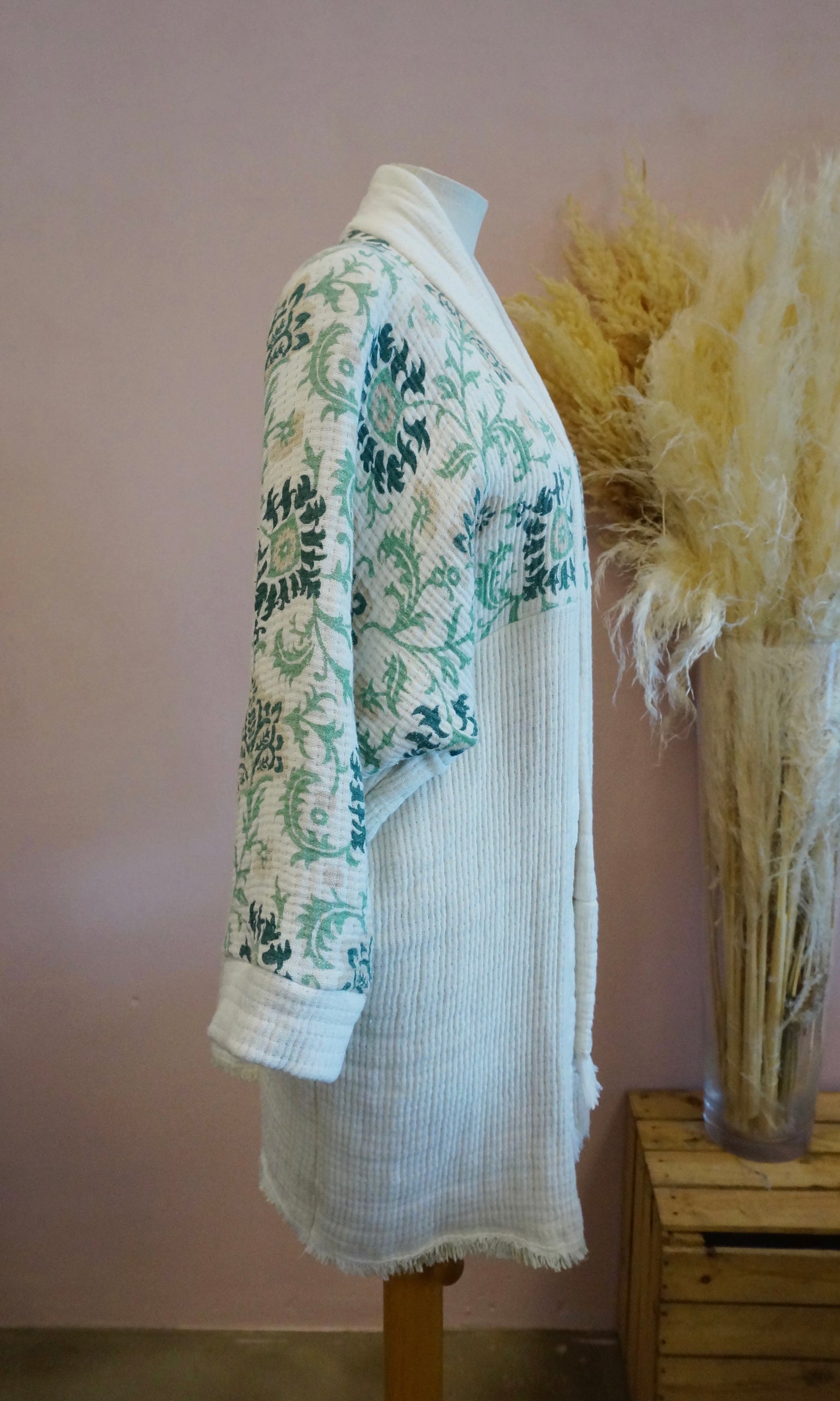 Retro Kimono, creme grün, 100% Baumwolle, Unikat