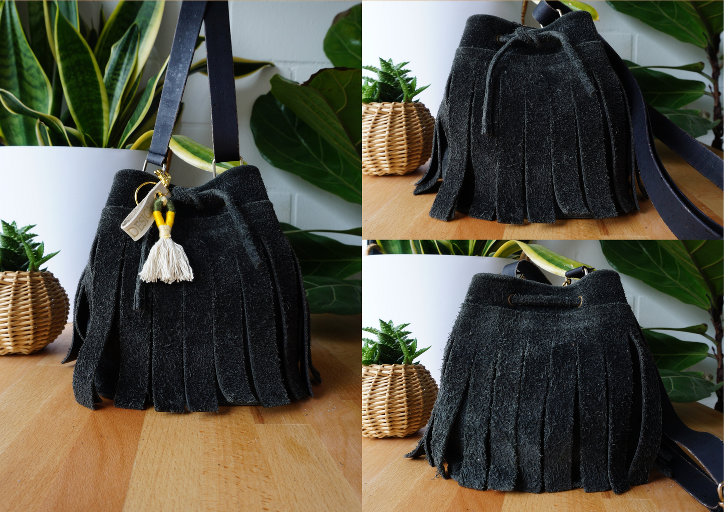 Bucket Bag Beuteltasche Umhängetasche mit Fransen aus Leder