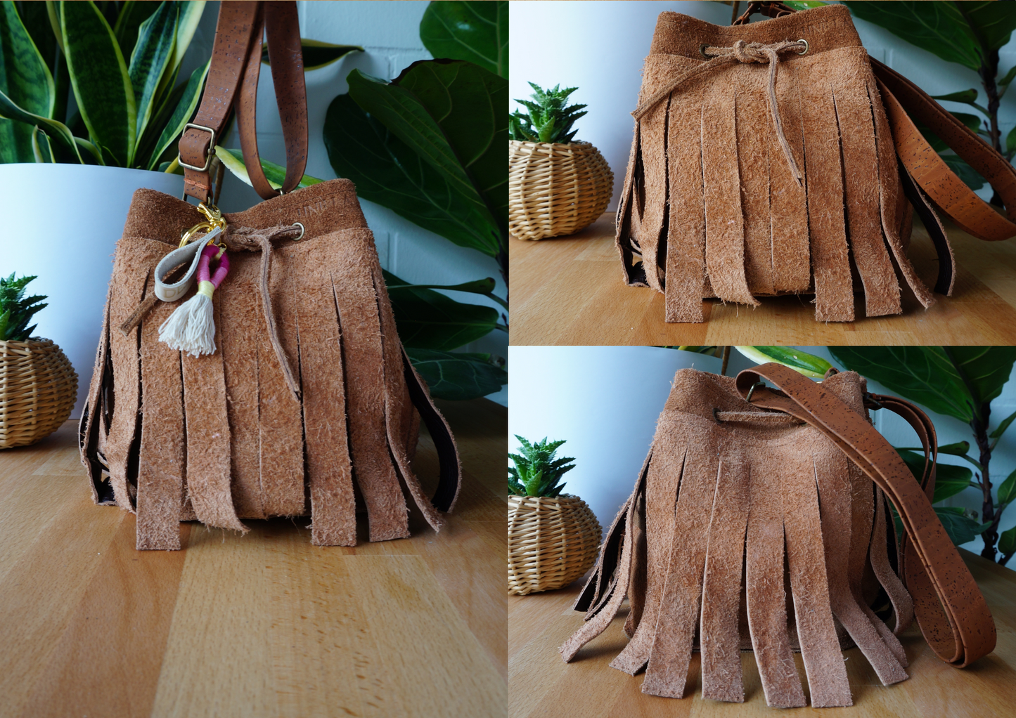 Bucket Bag Beuteltasche Umhängetasche mit Fransen aus Leder