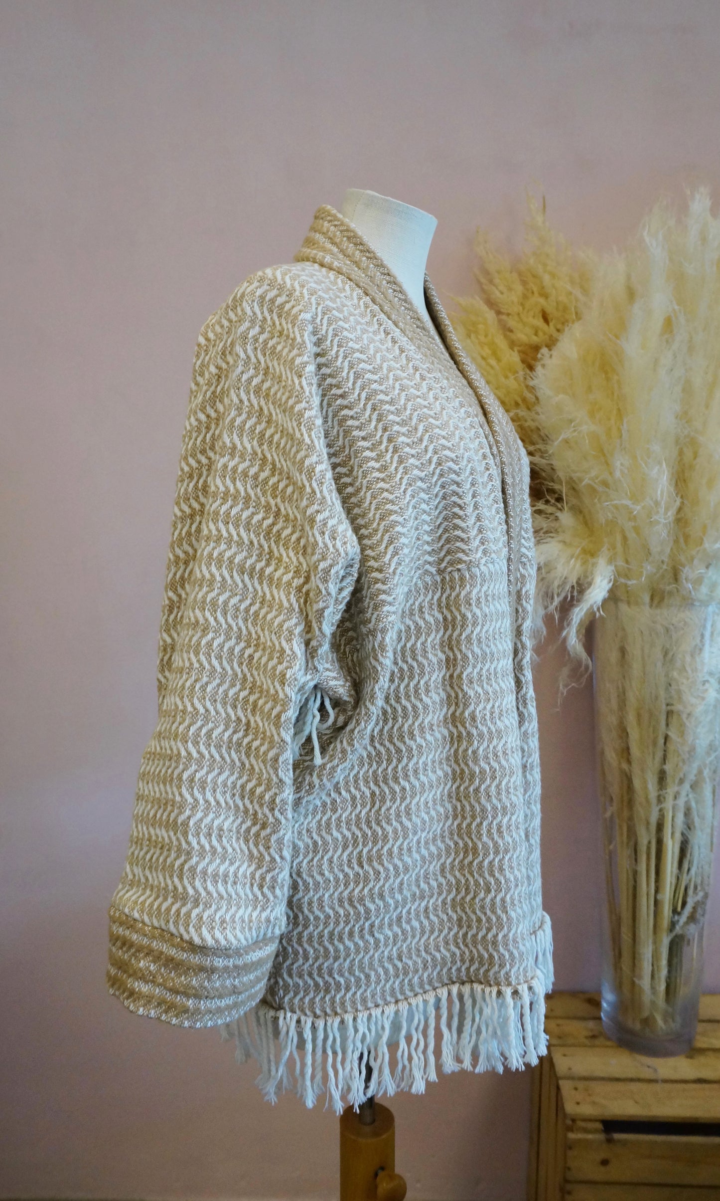 Retro Kimono, gold weiß, 70% Baumwolle, Unikat
