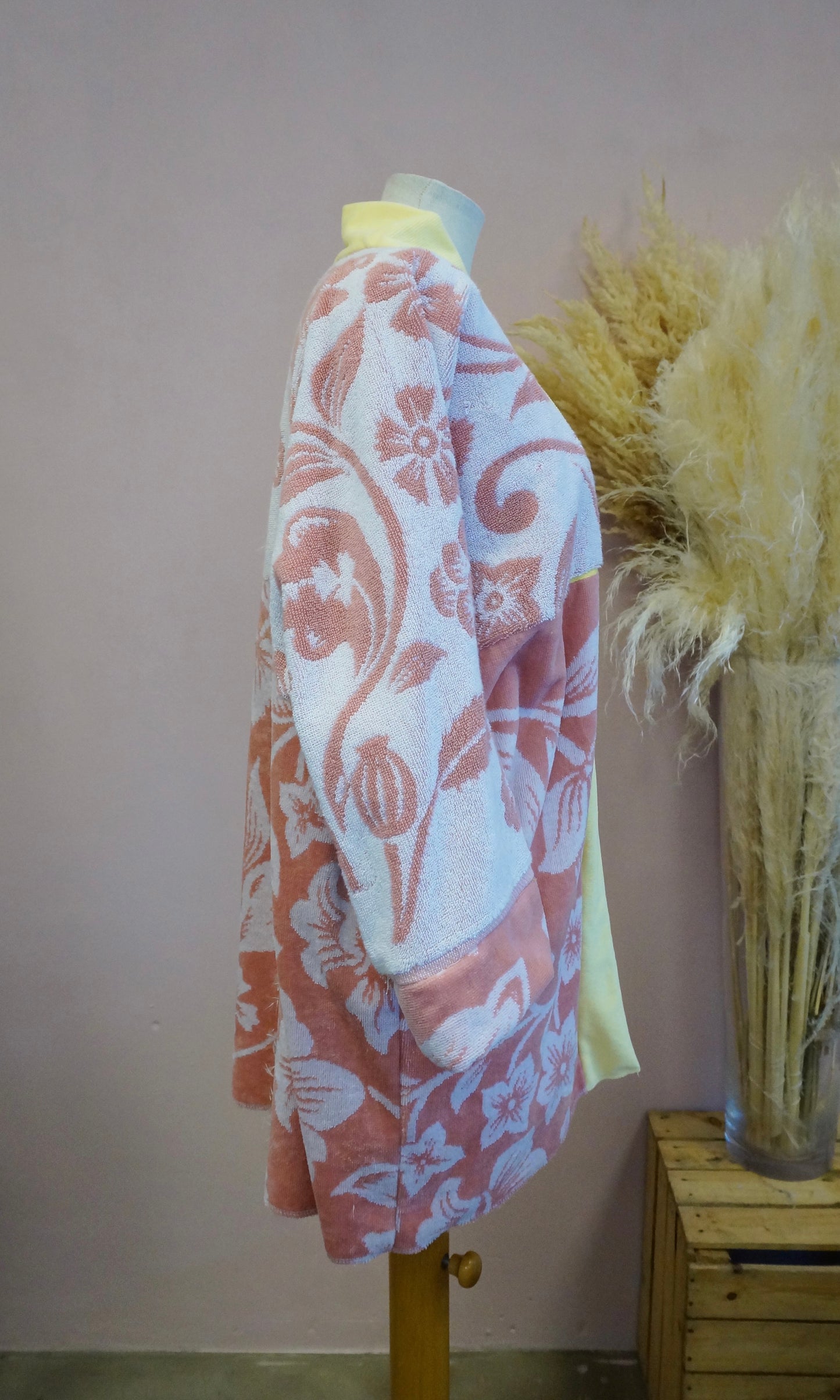 Retro Kimono, gelb rosa, 100% Baumwolle, Unikat
