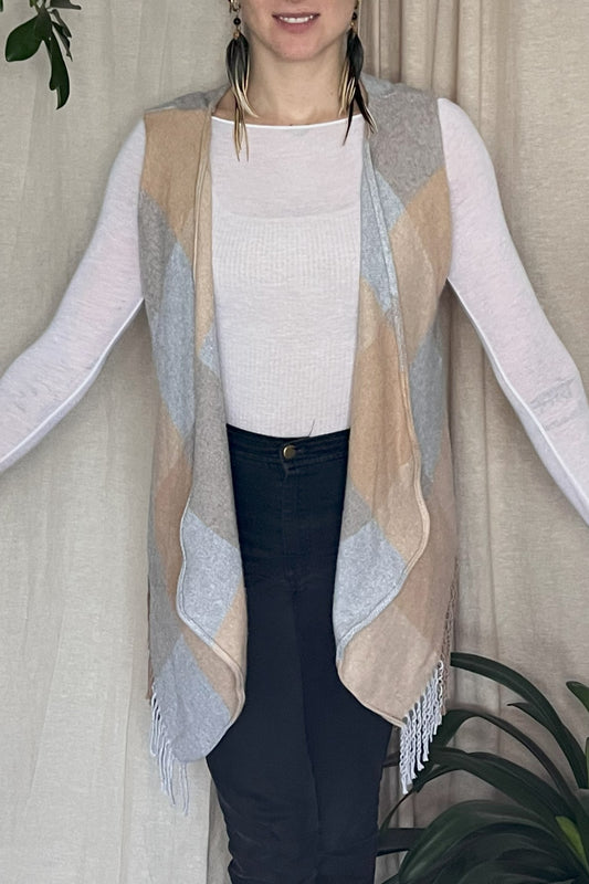 Schmale Weste, grau beige kariert, flauschig, S-L, Unikat